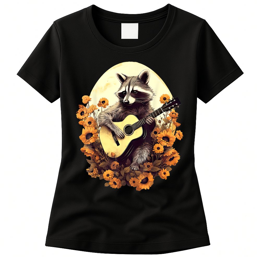 Raccoon Playing Guitar Floral Cottagecore Men Women Womens T-Shirt