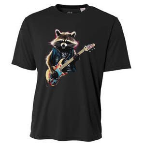 Raccoon Playing Guitar Funny Rock Music Metal Guitar Player Cooling Performance Crew T-Shirt