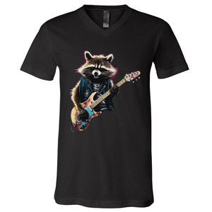 Raccoon Playing Guitar Funny Rock Music Metal Guitar Player V-Neck T-Shirt