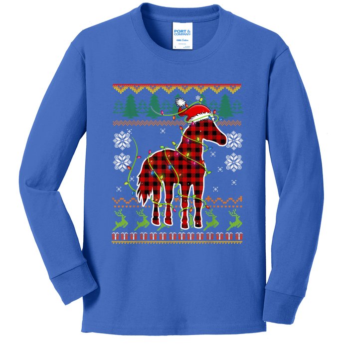 Red Plaid Horse Santa Hat Ugly Christmas Sweater Pajamas Great Gift Kids Long Sleeve Shirt