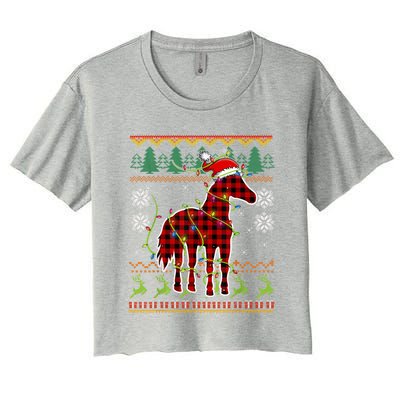 Red Plaid Horse Santa Hat Ugly Christmas Sweater Pajamas Great Gift Women's Crop Top Tee