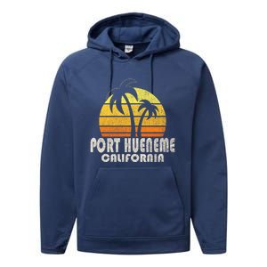 Retro Port Hueneme CA Beach Vacation Performance Fleece Hoodie