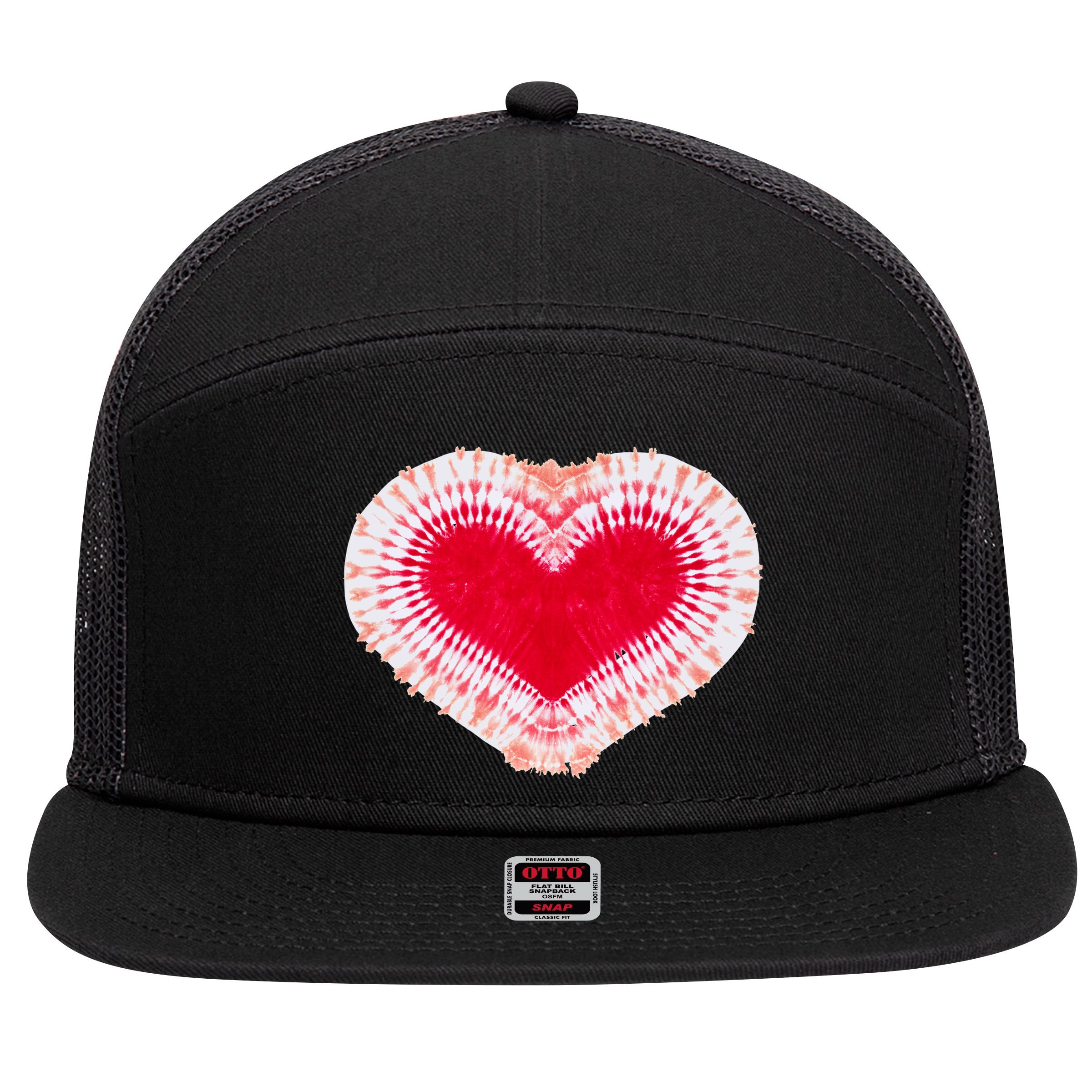 Red & Pink Heart Tie Dye Valentines Day 7 Panel Mesh Trucker Snapback Hat
