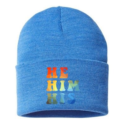 Rainbow Pronouns He Him His Straight Against Hate Retro Gift Sustainable Knit Beanie