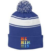 Rainbow Pronouns He Him His Straight Against Hate Retro Gift Stripe Pom Pom Beanie