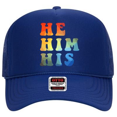 Rainbow Pronouns He Him His Straight Against Hate Retro Gift High Crown Mesh Back Trucker Hat