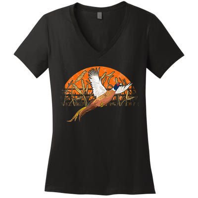 Ringneck Pheasant Hunting Upland Bird Hunter Grain Field Women's V-Neck T-Shirt