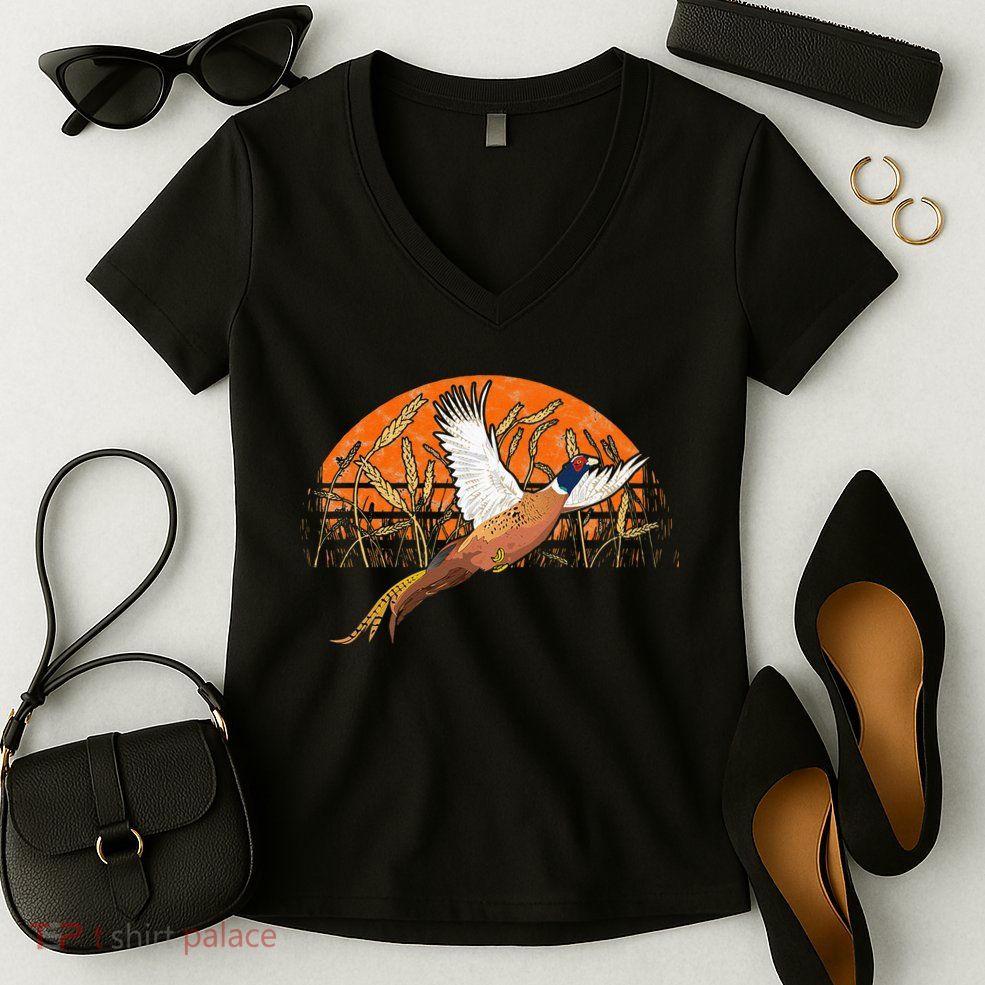 Ringneck Pheasant Hunting Upland Bird Hunter Grain Field Women's V-Neck T-Shirt