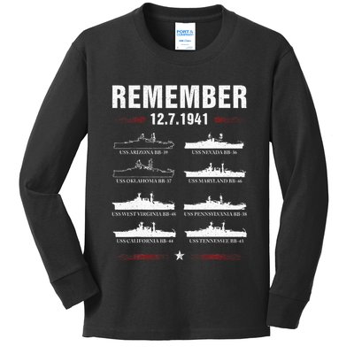 Remember Pearl Harbor Memorial Day December 7th 1941 Wwii Kids Long Sleeve Shirt