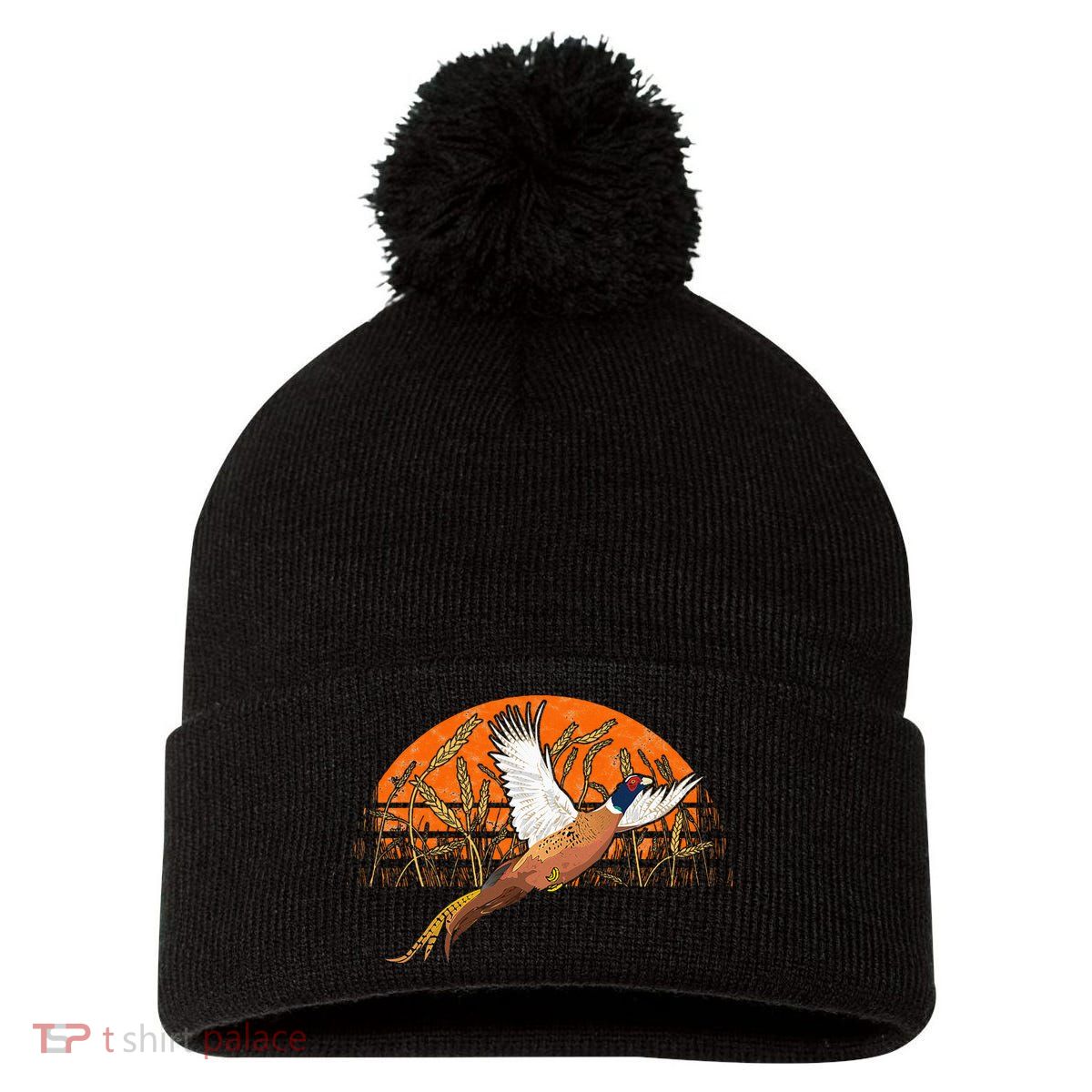Ringneck Pheasant Hunting Upland Bird Hunter Grain Field Pom Pom 12in Knit Beanie