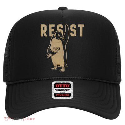 Resist Penguin Hand Off Penguins Protest Gift High Crown Mesh Back Trucker Hat