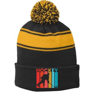 Retro Poster Hockey Lovers Stripe Pom Pom Beanie