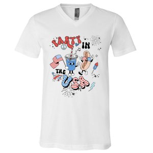 Retro Party In The USA Flag Groovy 4th Of July Patriotic V-Neck T-Shirt