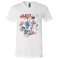 Retro Party In The USA Flag Groovy 4th Of July Patriotic V-Neck T-Shirt