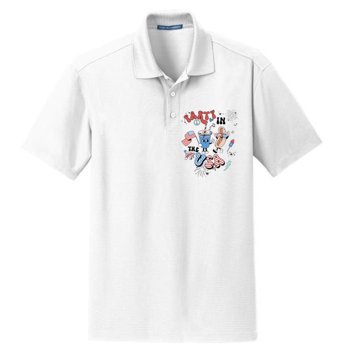 Retro Party In The USA Flag Groovy 4th Of July Patriotic Dry Zone Grid Polo