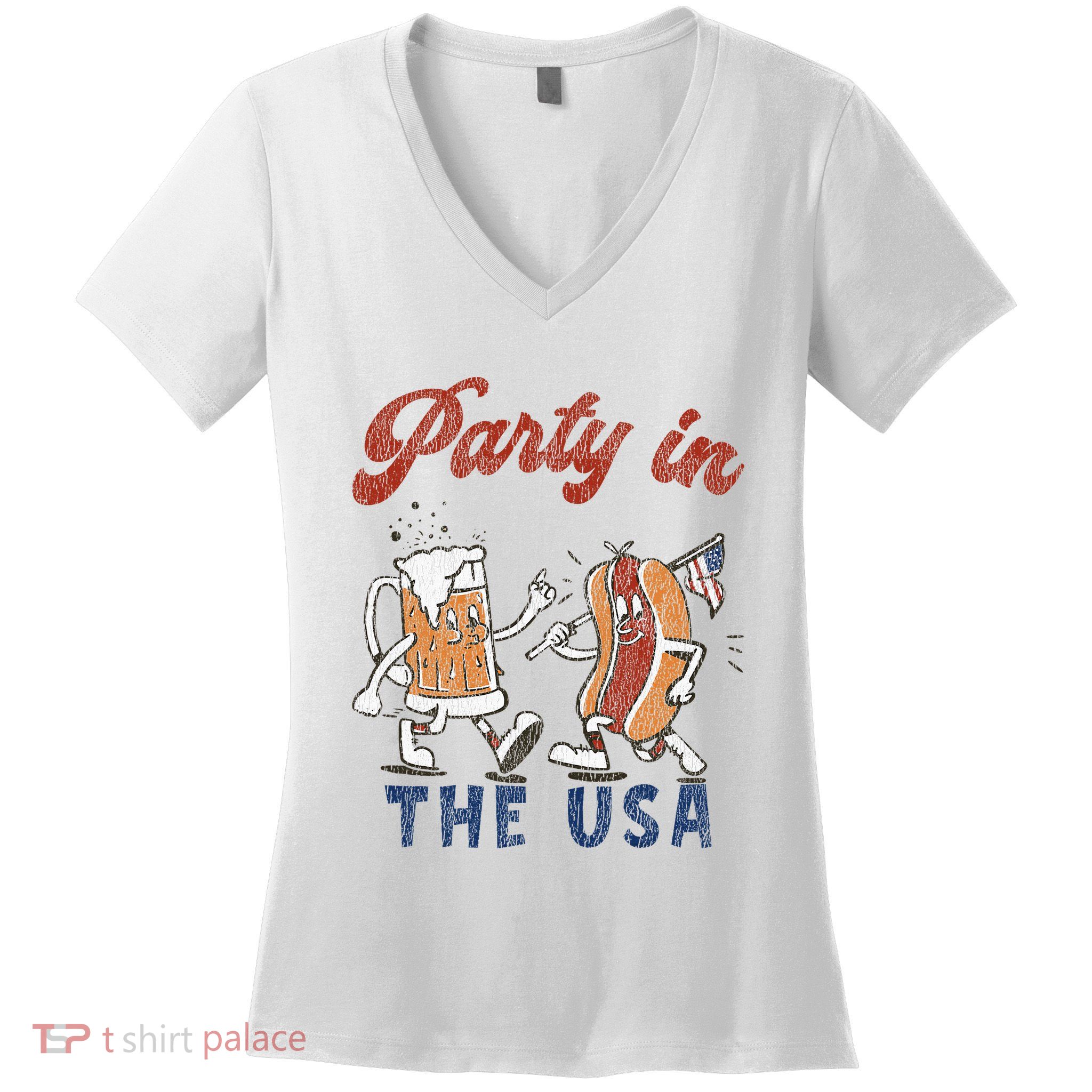 Retro Party In The Usa Beer Hot Dog Lover Women's V-Neck T-Shirt