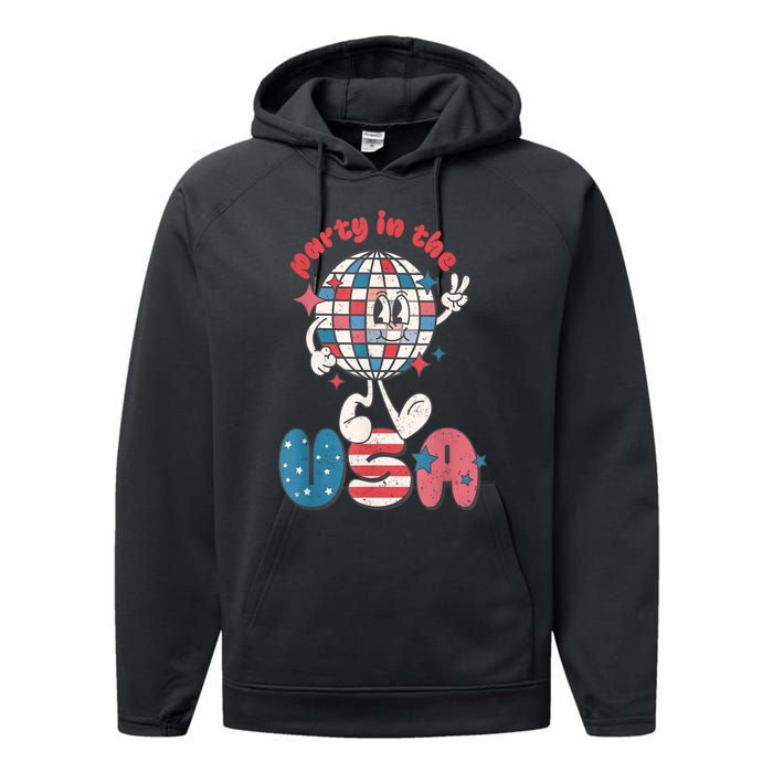 Retro Party In The USA 4th Of July Patriotic Disco Ball Performance Fleece Hoodie