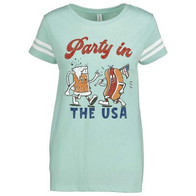 Retro Party In The Usa Beer Hot Dog Lover Funny 4th Of July Enza Ladies Jersey Football T-Shirt