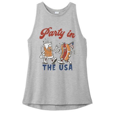 Retro Party In The Usa Beer Hot Dog Lover Funny 4th Of July Ladies PosiCharge Tri-Blend Wicking Tank