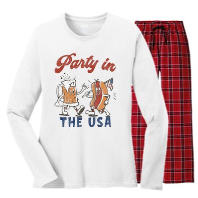 Retro Party In The Usa Beer Hot Dog Lover Funny 4th Of July Women's Long Sleeve Flannel Pajama Set 