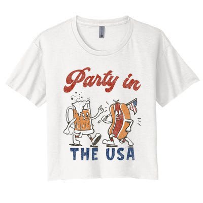 Retro Party In The Usa Beer Hot Dog Lover Funny 4th Of July Women's Crop Top Tee