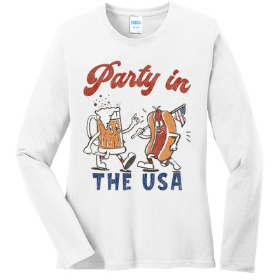 Retro Party In The Usa Beer Hot Dog Lover Funny 4th Of July Ladies Long Sleeve Shirt