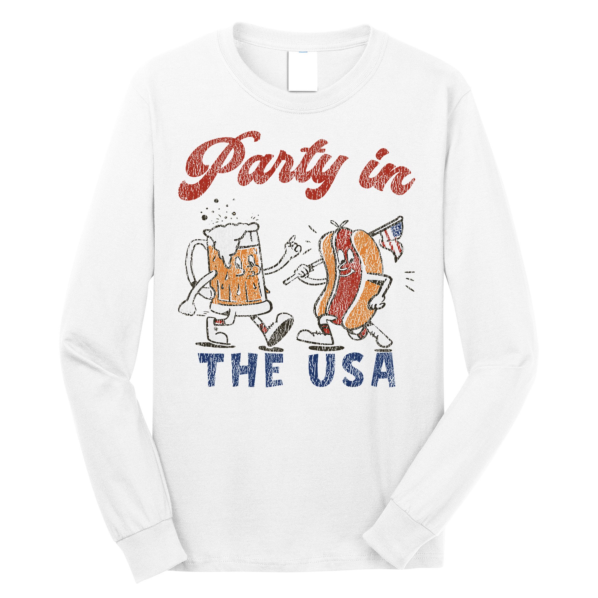 Retro Party In The Usa Beer Hot Dog Lover Funny 4th Of July Long Sleeve Shirt