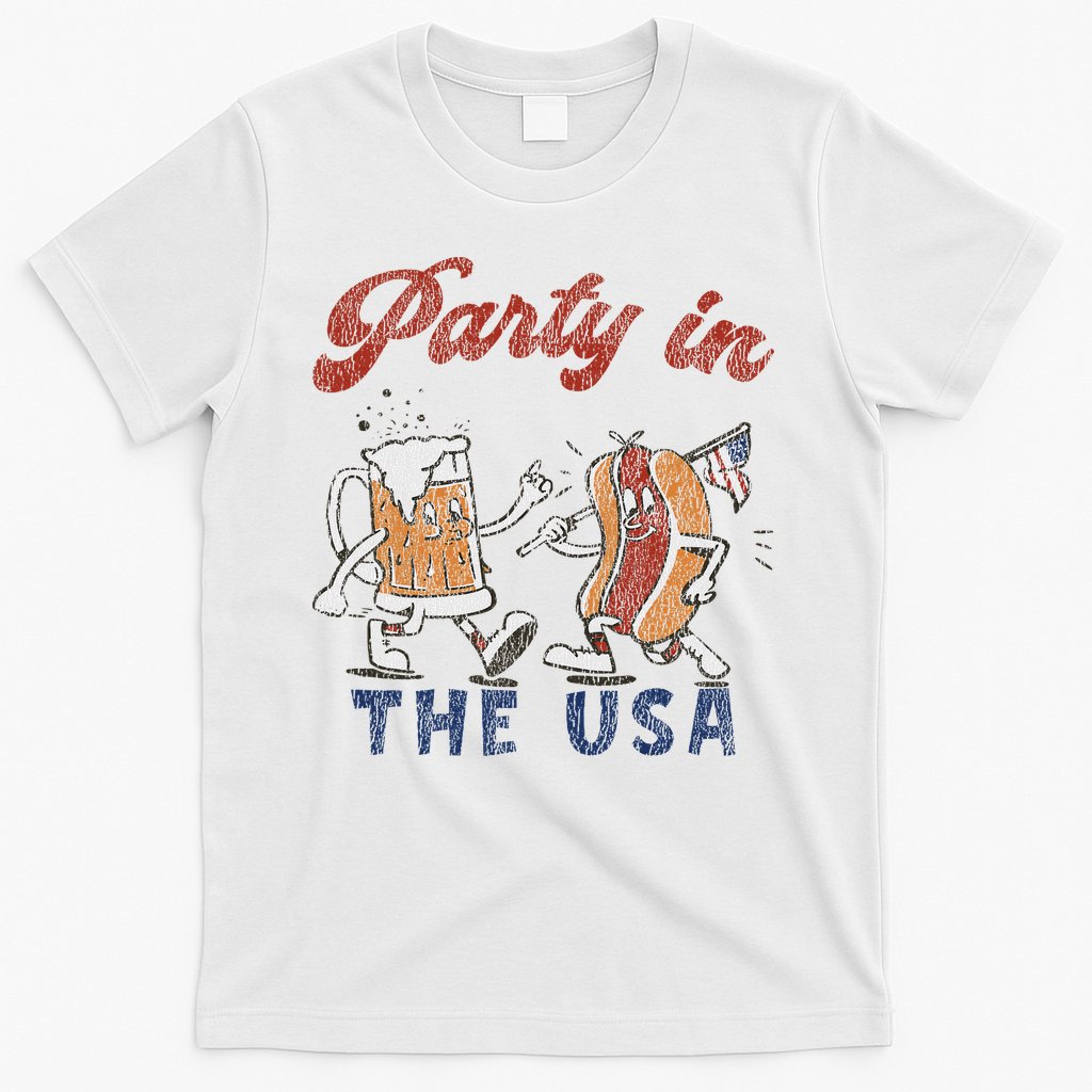 Retro Party In The Usa Beer Hot Dog Lover Funny 4th Of July T-Shirt