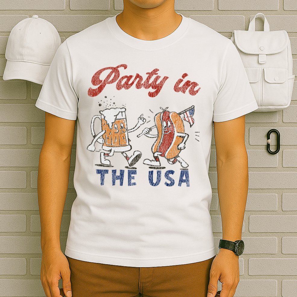 Retro Party In The Usa Beer Hot Dog Lover Funny 4th Of July T-Shirt