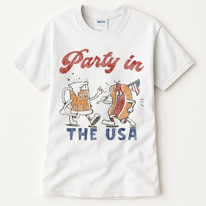 Retro Party In The Usa Beer Hot Dog Lover Funny 4th Of July Tall T-Shirt