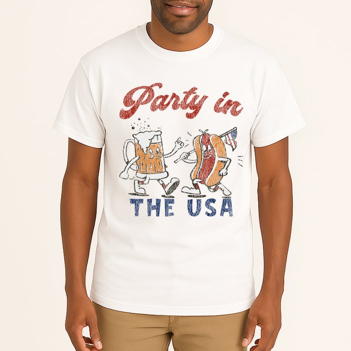 Retro Party In The Usa Beer Hot Dog Lover Funny 4th Of July Tall T-Shirt
