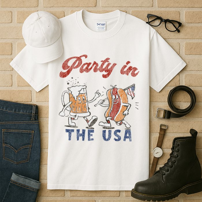 Retro Party In The Usa Beer Hot Dog Lover Funny 4th Of July Tall T-Shirt