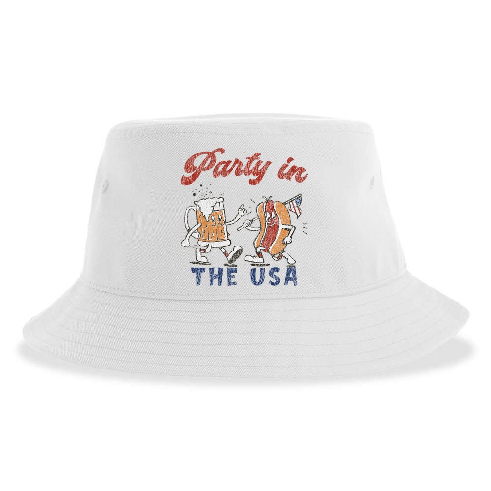 Retro Party In The Usa Beer Hot Dog Lover Funny 4th Of July Sustainable Bucket Hat
