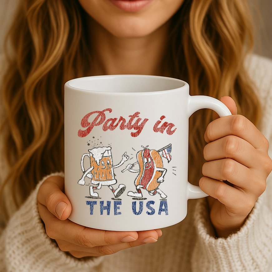 Retro Party In The Usa Beer Hot Dog Lover Funny 4th Of July Mug