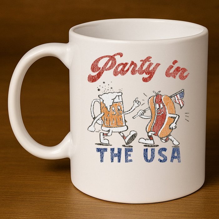 Retro Party In The Usa Beer Hot Dog Lover Funny 4th Of July 11oz C Handle Ceramic Mug