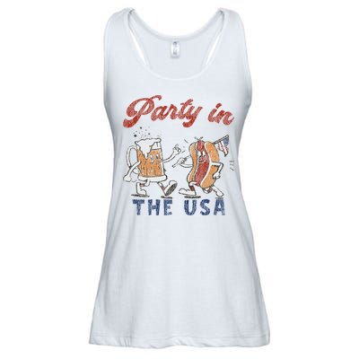 Retro Party In The Usa Beer Hot Dog Lover Funny 4th Of July Ladies Essential Flowy Tank
