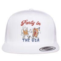 Retro Party In The Usa Beer Hot Dog Lover Funny 4th Of July Flat Bill Trucker Hat