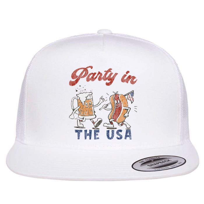 Retro Party In The Usa Beer Hot Dog Lover Funny 4th Of July Flat Bill Trucker Hat