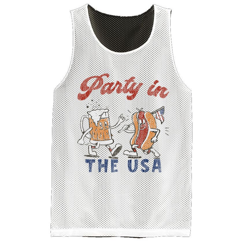 Retro Party In The Usa Beer Hot Dog Lover Funny 4th Of July Mesh Reversible Basketball Jersey Tank