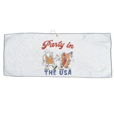 Retro Party In The Usa Beer Hot Dog Lover Funny 4th Of July Large Microfiber Waffle Golf Towel