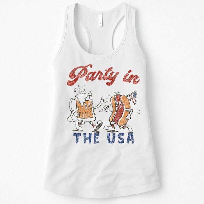 Retro Party In The Usa Beer Hot Dog Lover Funny 4th Of July Womens Tank Top