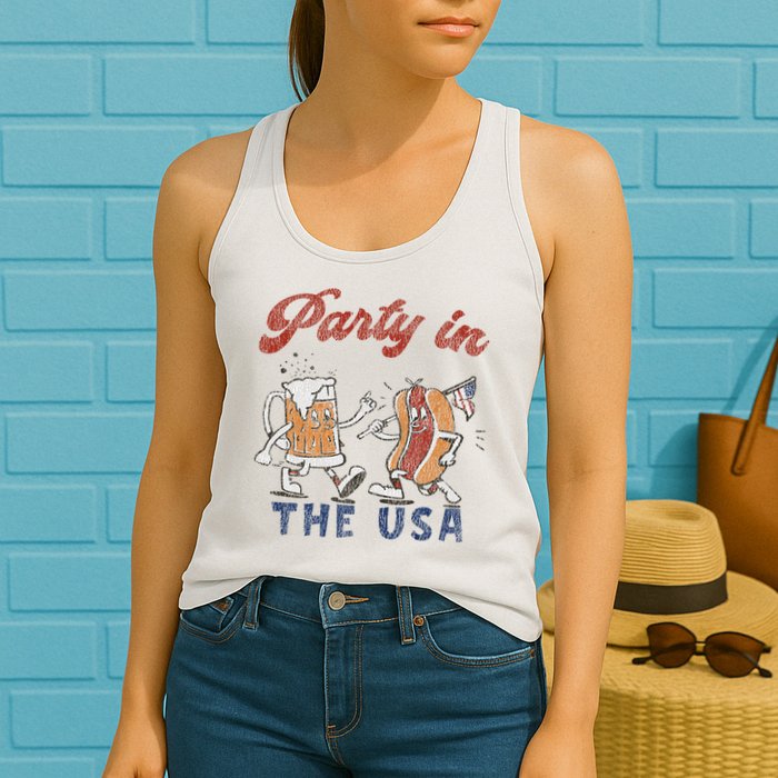 Retro Party In The Usa Beer Hot Dog Lover Funny 4th Of July Womens Tank Top