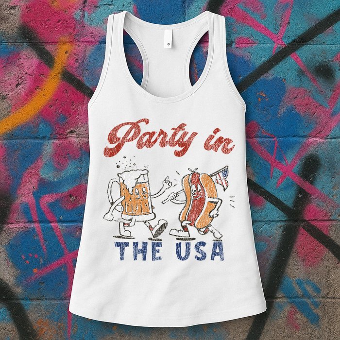 Retro Party In The Usa Beer Hot Dog Lover Funny 4th Of July Womens Tank Top