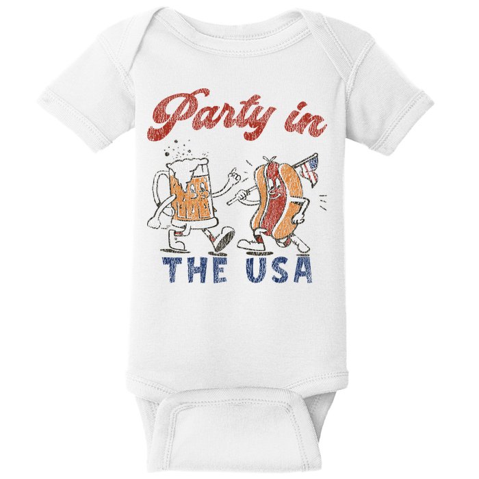 Retro Party In The Usa Beer Hot Dog Lover Funny 4th Of July Baby Bodysuit