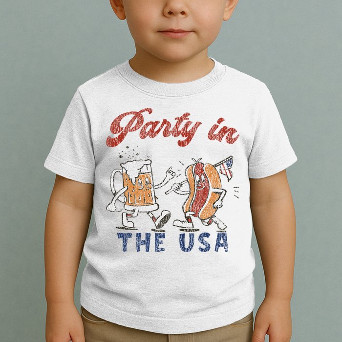 Retro Party In The Usa Beer Hot Dog Lover Funny 4th Of July Toddler T-Shirt