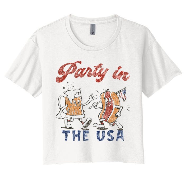 Retro Party In The Usa Beer Hot Dog Lover Funny 4th Of July Crop Top