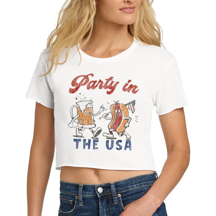 Retro Party In The Usa Beer Hot Dog Lover Funny 4th Of July Crop Top
