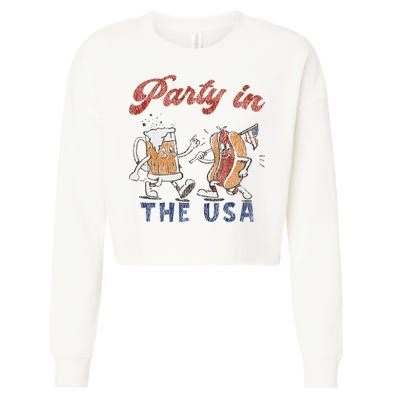 Retro Party In The Usa Beer Hot Dog Lover Funny 4th Of July Cropped Pullover Crew