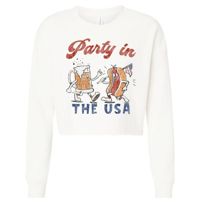 Retro Party In The Usa Beer Hot Dog Lover Funny 4th Of July Cropped Pullover Crew