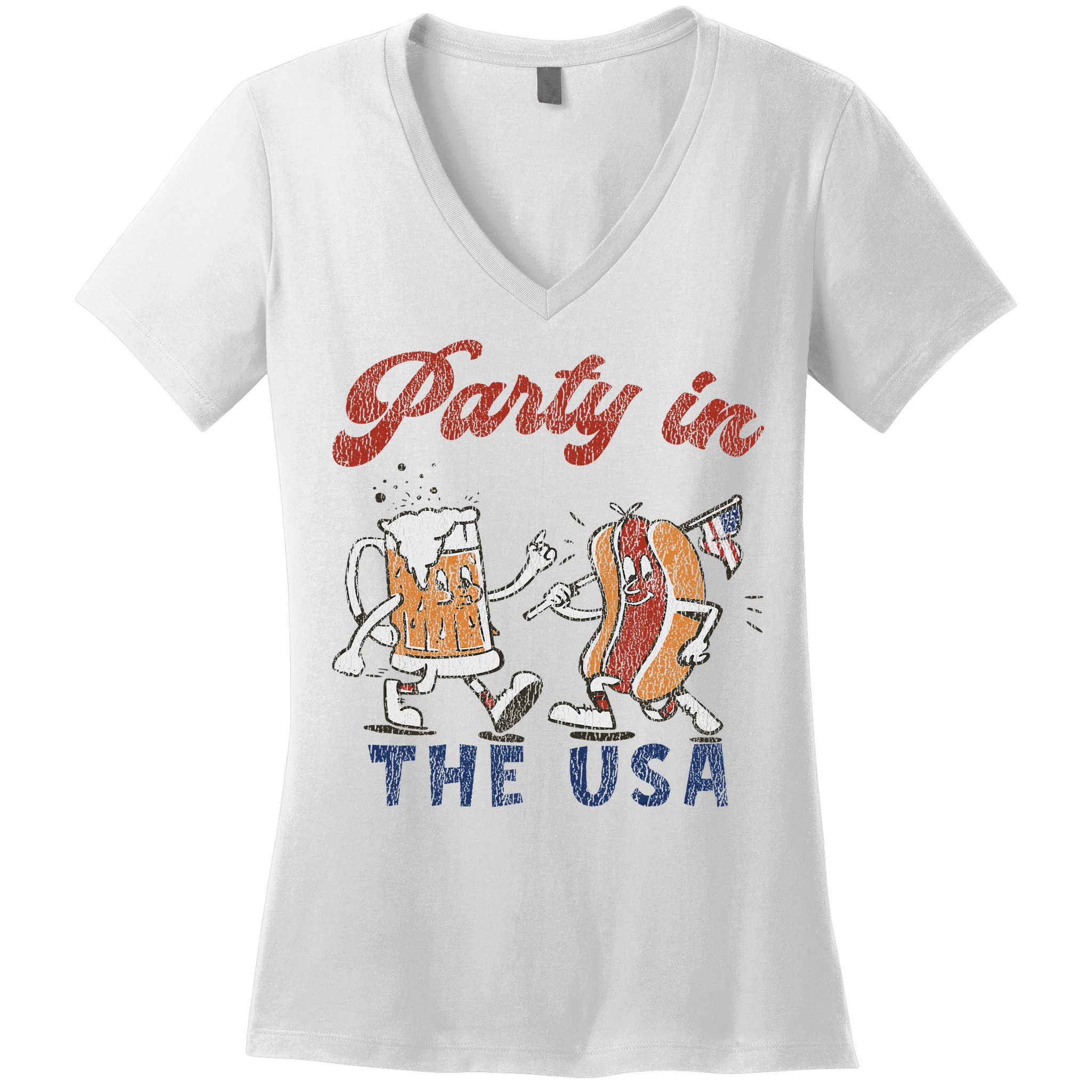 Retro Party In The Usa Beer Hot Dog Lover Funny 4th Of July Women's V-Neck T-Shirt